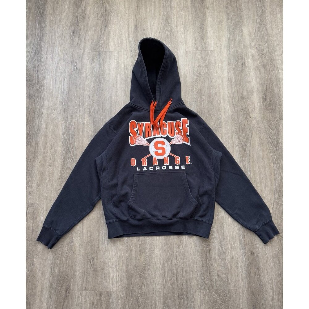 Vintage Syracuse University NCAA Orange Lacrosse Black Large Pro Weave Hoodie